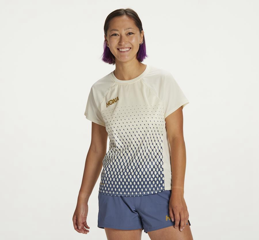 Hoka One One Top Dame - Performance Kort Sleeve - Blå/Hvide - 673549BCO